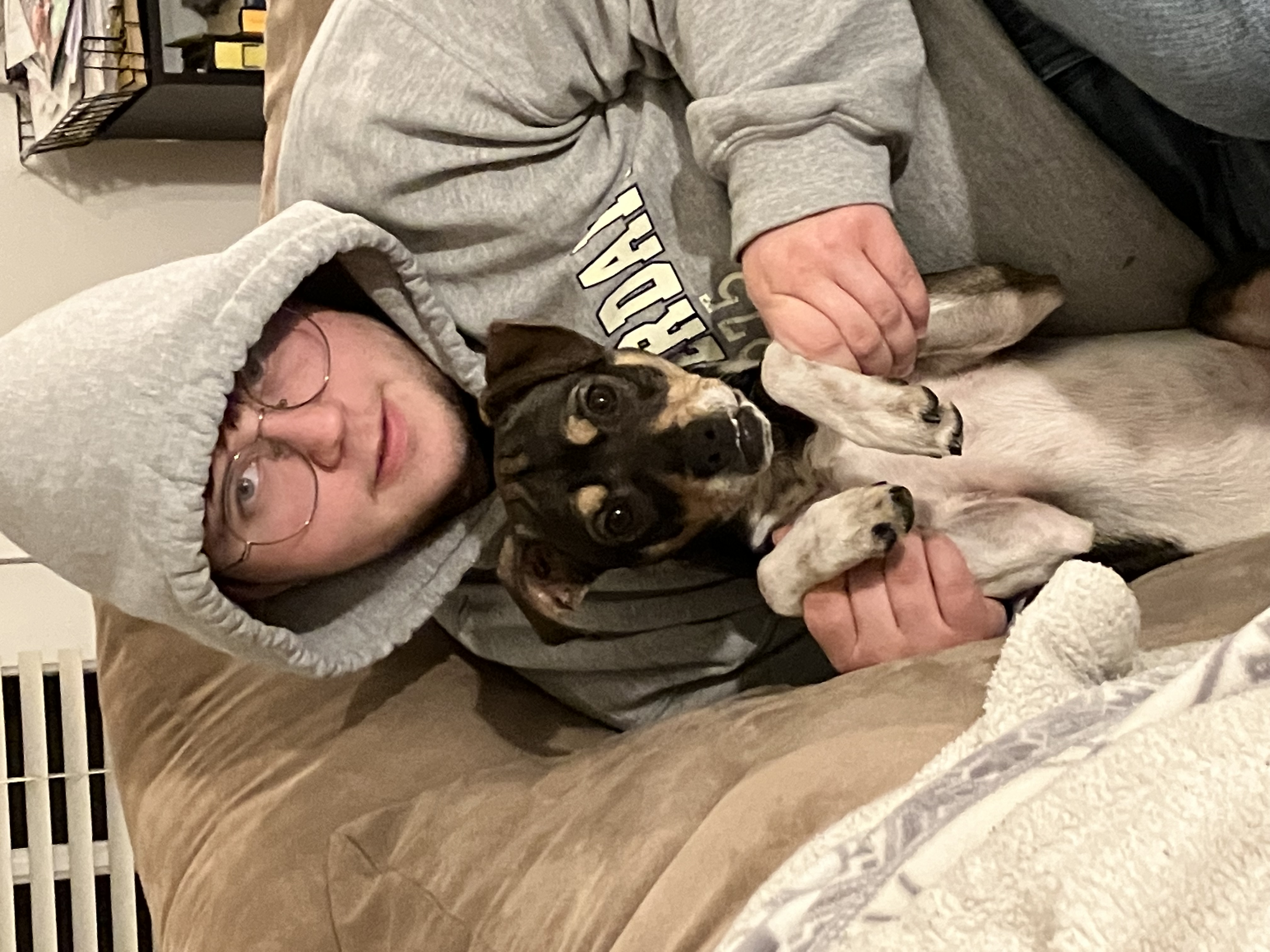 my partner casper holding cranberry kevin. cranberry kevin is sitting up on his hing legs and his front paws are folded cutely in front of himself.